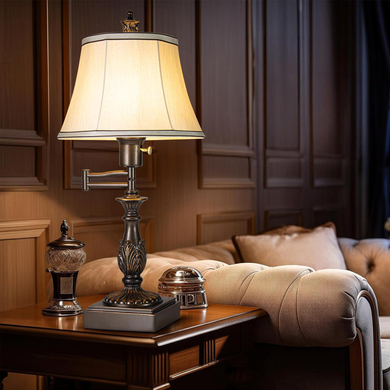 Rustic Traditional 350 Adjustable Swing Arm Table Lamp Set Of 2 With USB A C Ports Brown Finish Cream Shade Vintage Nightstand Lamp For Living Room